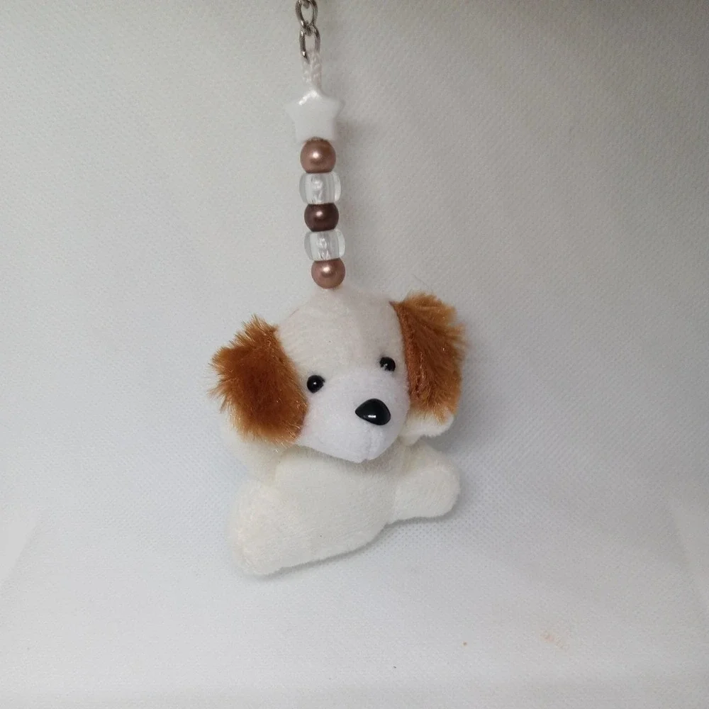 Beaded Puppy Dog Key Chain Backpack Clips White And Brown Ears